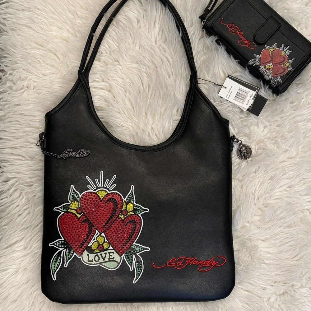NWT Ed Hardy Black Shoulder Bag and Wallet with Red Heart Motif